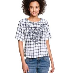 Orvis Short Sleeve Blue White Checkered Linen Top w/ Embroidery Size M